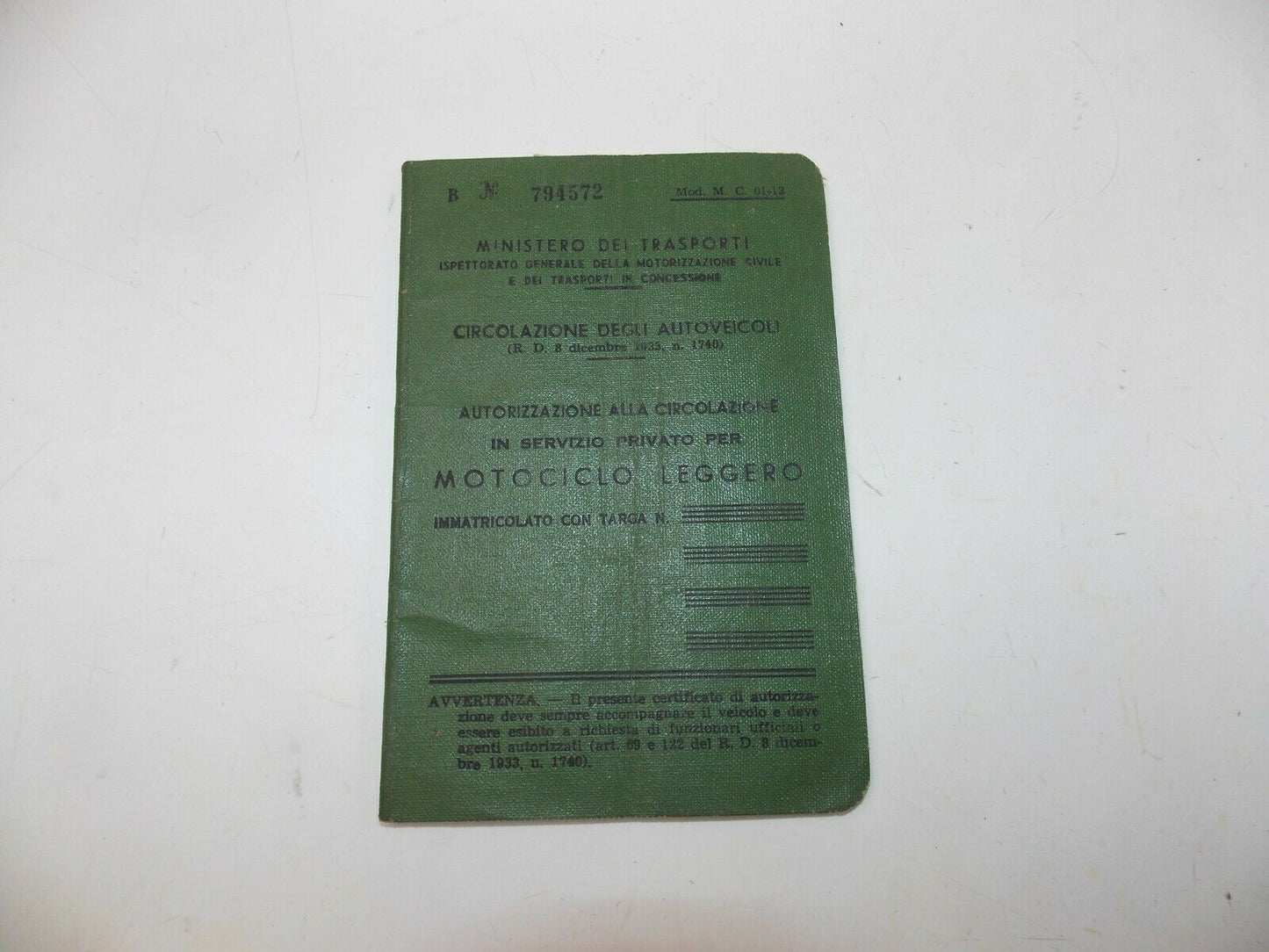 1956 DUCATI 125TV OWNER CERTIFICATE BOOKLET MOTORCYCLE ORIGINAL ITALIAN DOCUMENT - MotoRaider