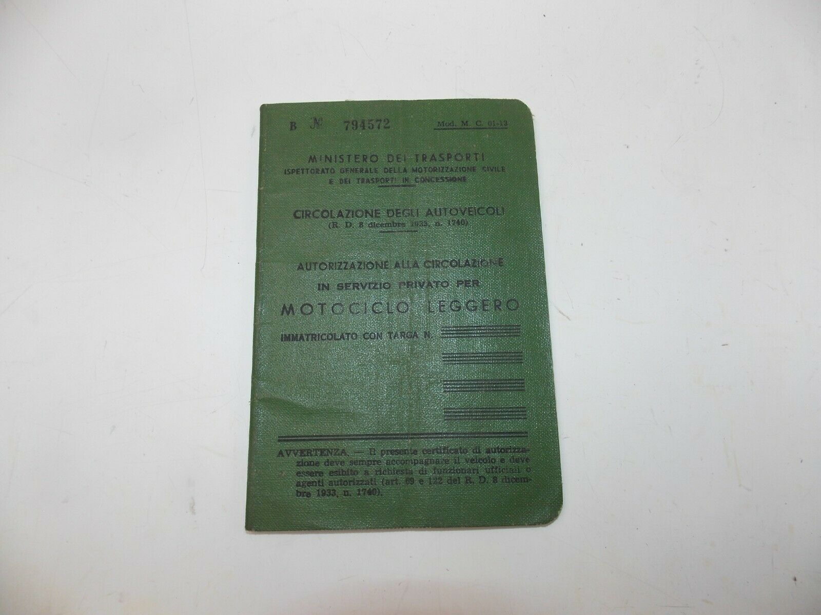 1958 DUCATI 100-S OWNER CERTIFICATE BOOKLET MOTORCYCLE ORIGINAL ITALIAN DOCUMENT - MotoRaider