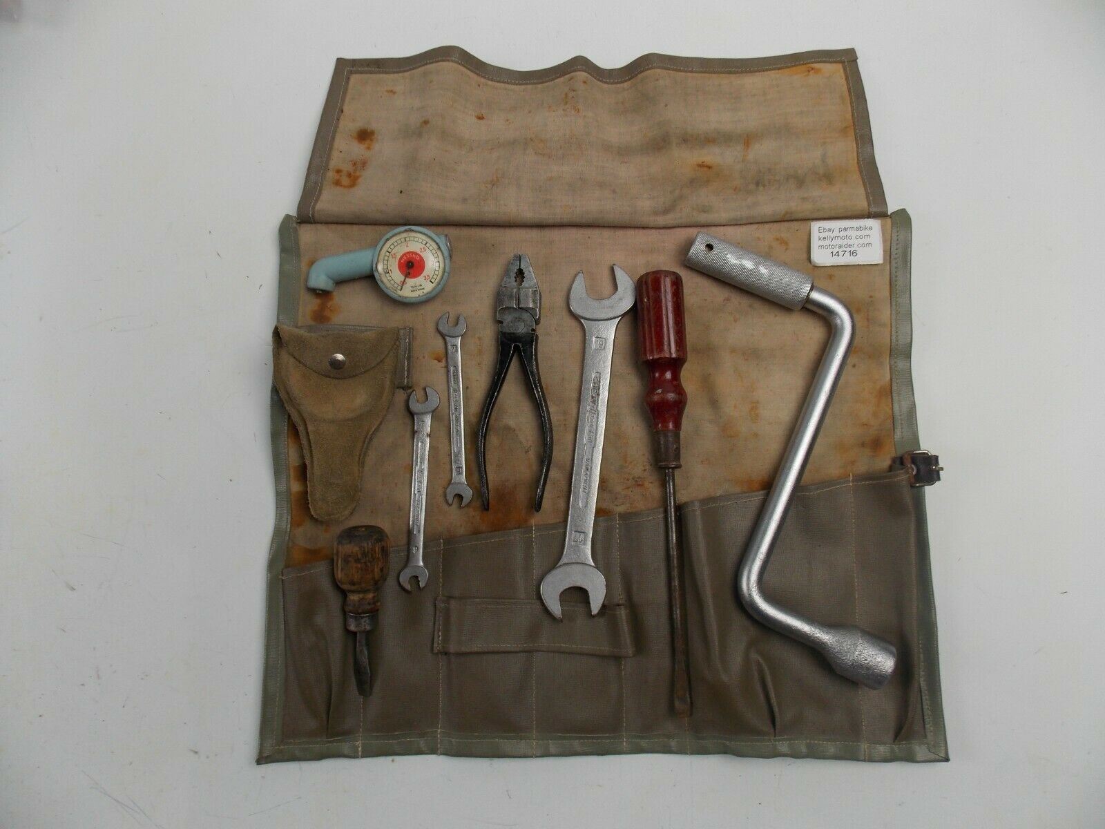 1950's PORSCHE 356 TOOL KIT POUCH WRENCH SPANNER PLIER CREWDRIVER PRESSURE GAUGE - MotoRaider