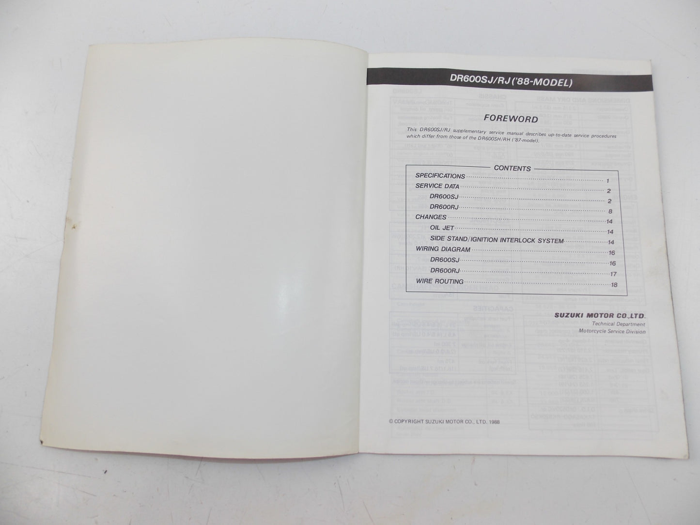 03/1988 SUPPLEMENT SERVICE MANUAL BOOK SUZUKI DR600S/R ENGLISH 99501-45080-01E - MotoRaider