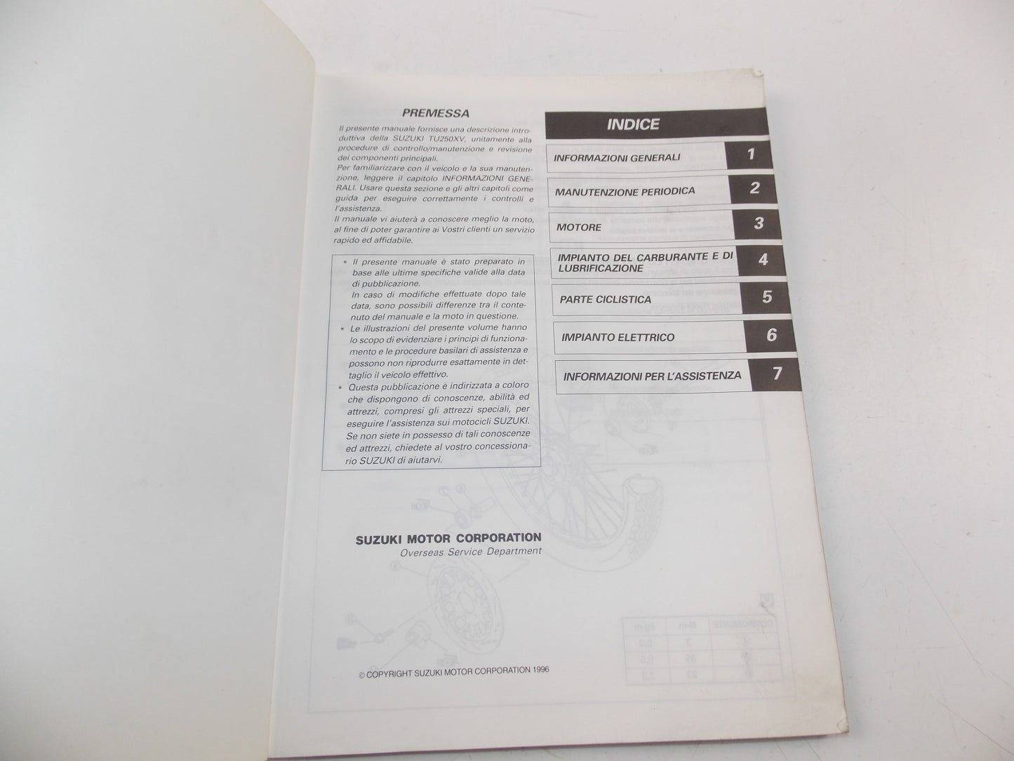 11/1996 SUPPLEMENT SERVICE MANUAL MAINTENANCE BOOK CATALOG SUZUKI TU250X ITALIAN - MotoRaider