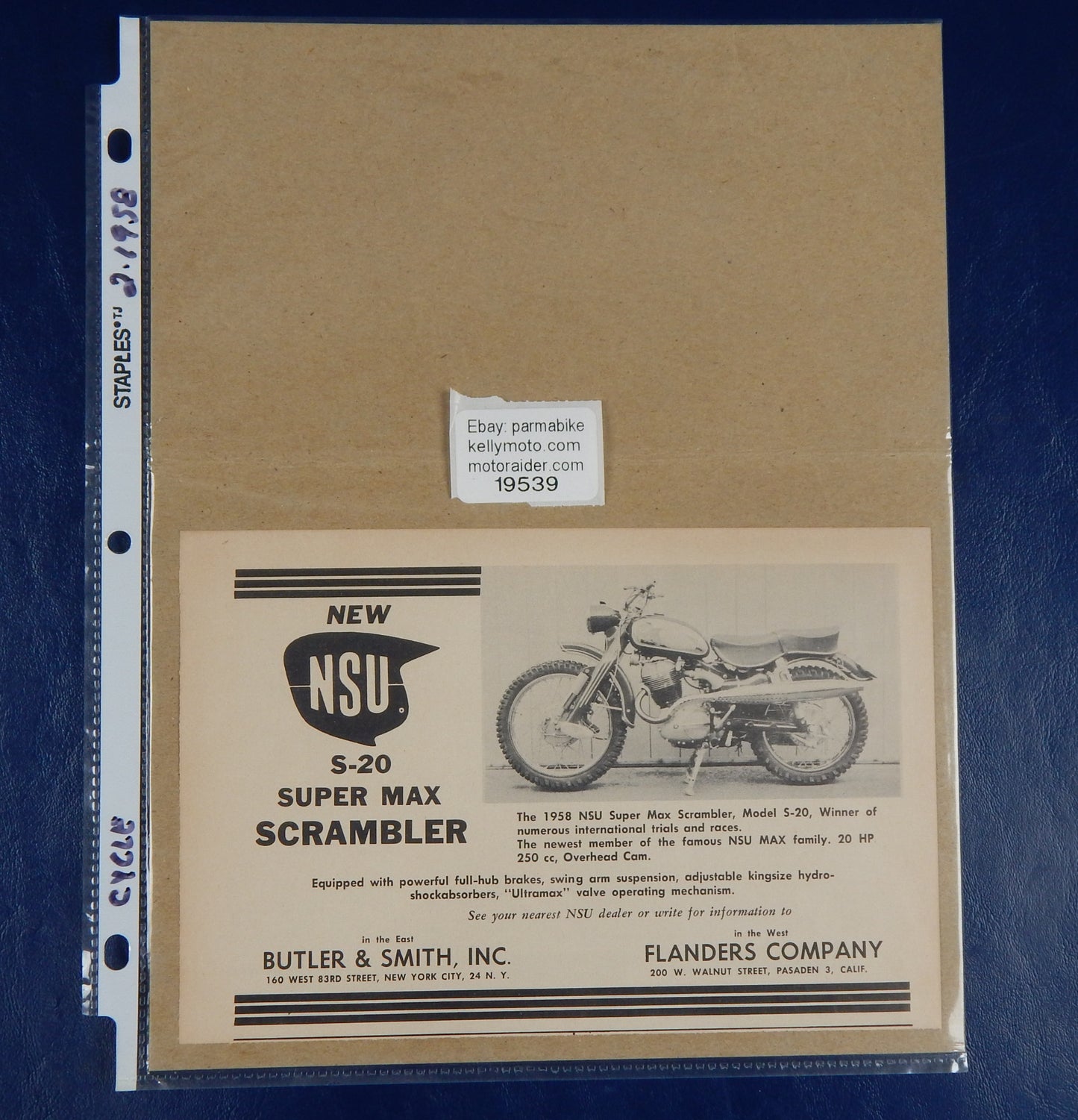 1950's ADVERTISEMENT MAGAZINE 1958 NSU 250 S-20 SUPER MAX SCRAMBLER VINTAGE - MotoRaider