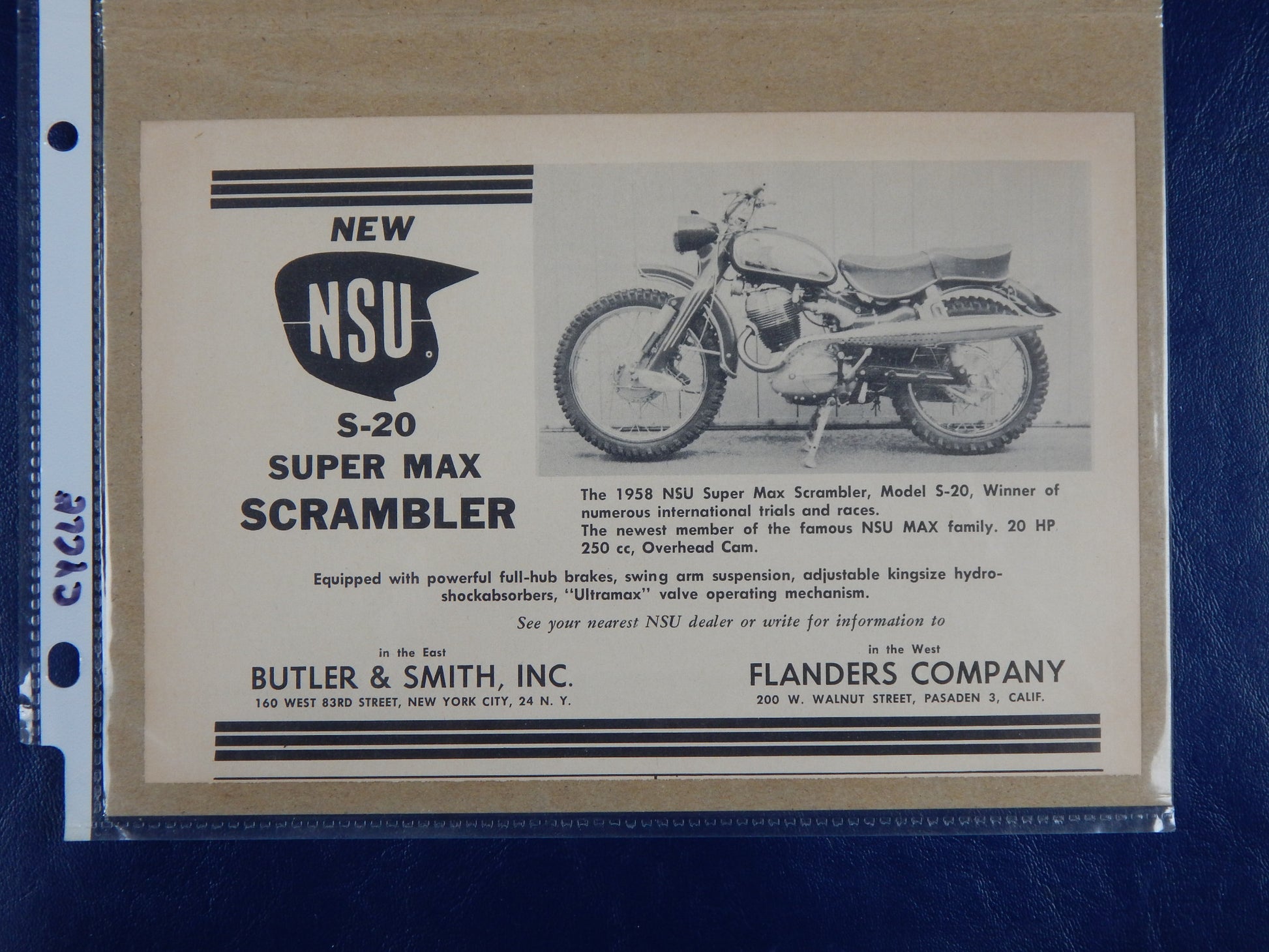 1950's ADVERTISEMENT MAGAZINE 1958 NSU 250 S-20 SUPER MAX SCRAMBLER VINTAGE - MotoRaider