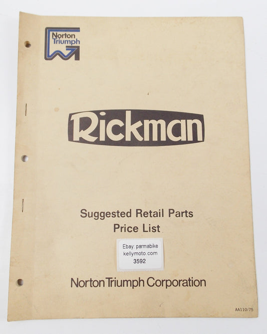 1975 RICKMAN NORTON-TRIUMPH-CO. SUGGESTED RETAIL PRICE PARTS LIST AA110/75 - MotoRaider