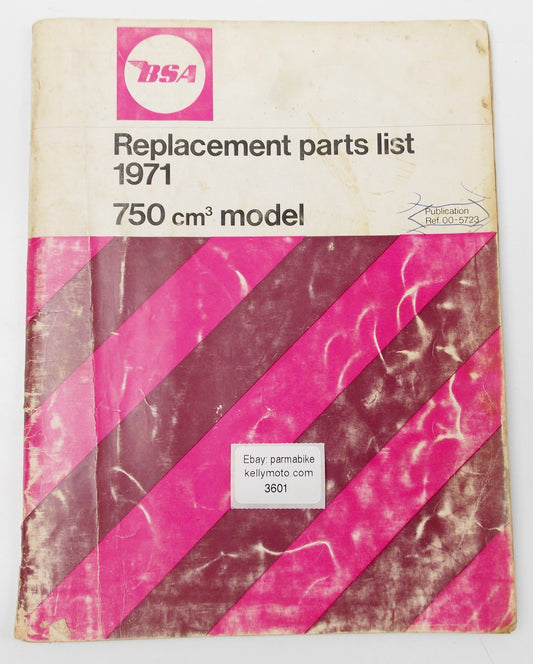 1971 BSA 750cc REPLACEMENT SPARE PARTS LIST BOOK MANUAL A75 ROCKET 3 REF 00-5723 - MotoRaider