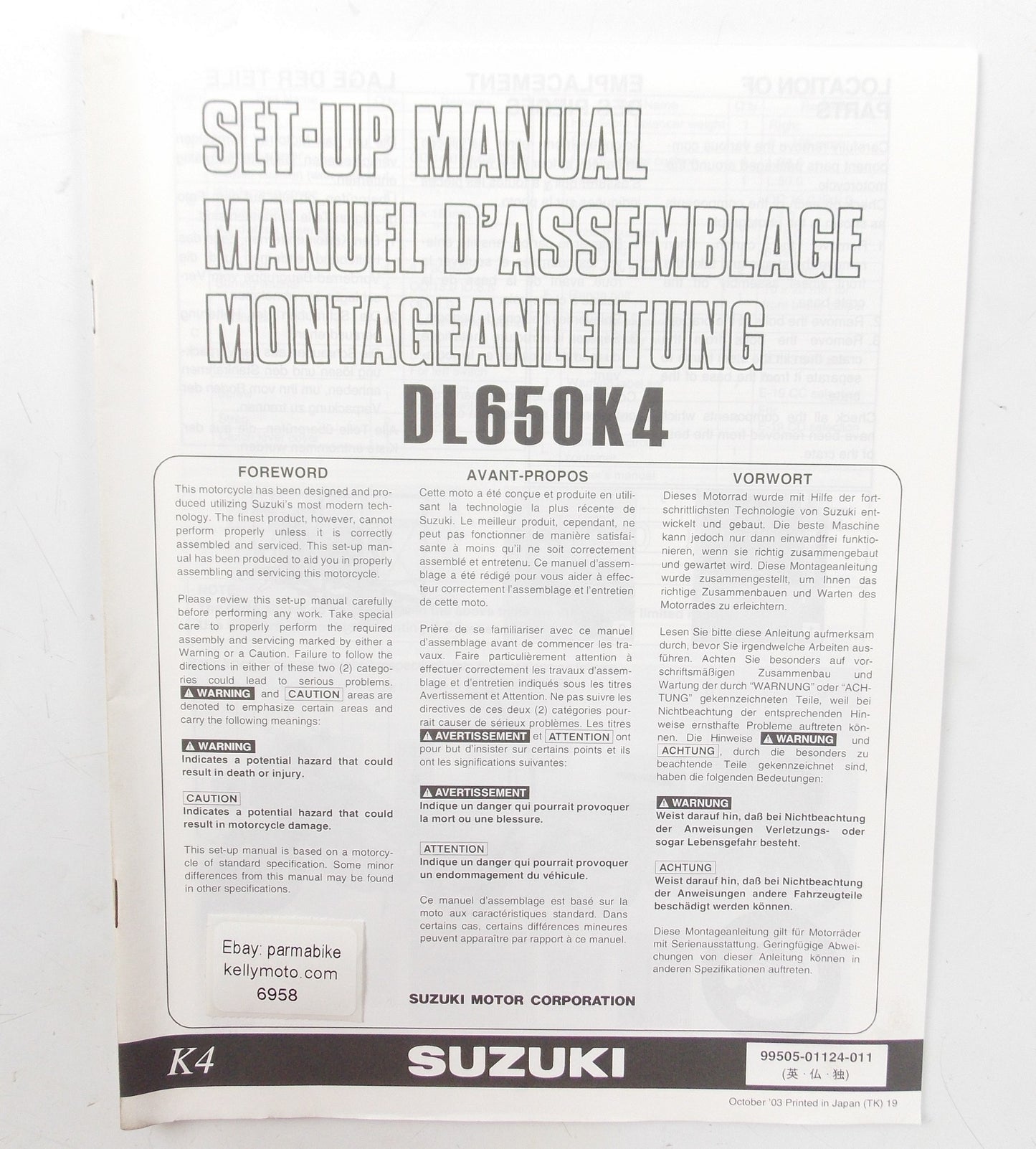 SUZUKI 2003 DL650K4 SETUP MANUAL BROCHURE ENGLISH/ITALIAN/GERMAN 99505-01124-011 - MotoRaider