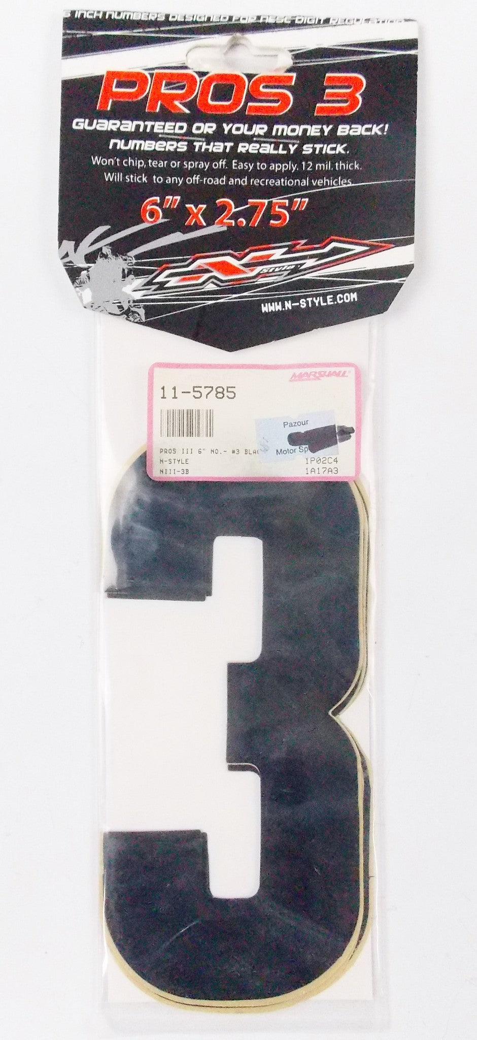 PROS 3 FRONT/SIDE PANEL 6" BLACK NUMBERS STICKER SET "3" 11-5785 NIII-3B RACING - MotoRaider