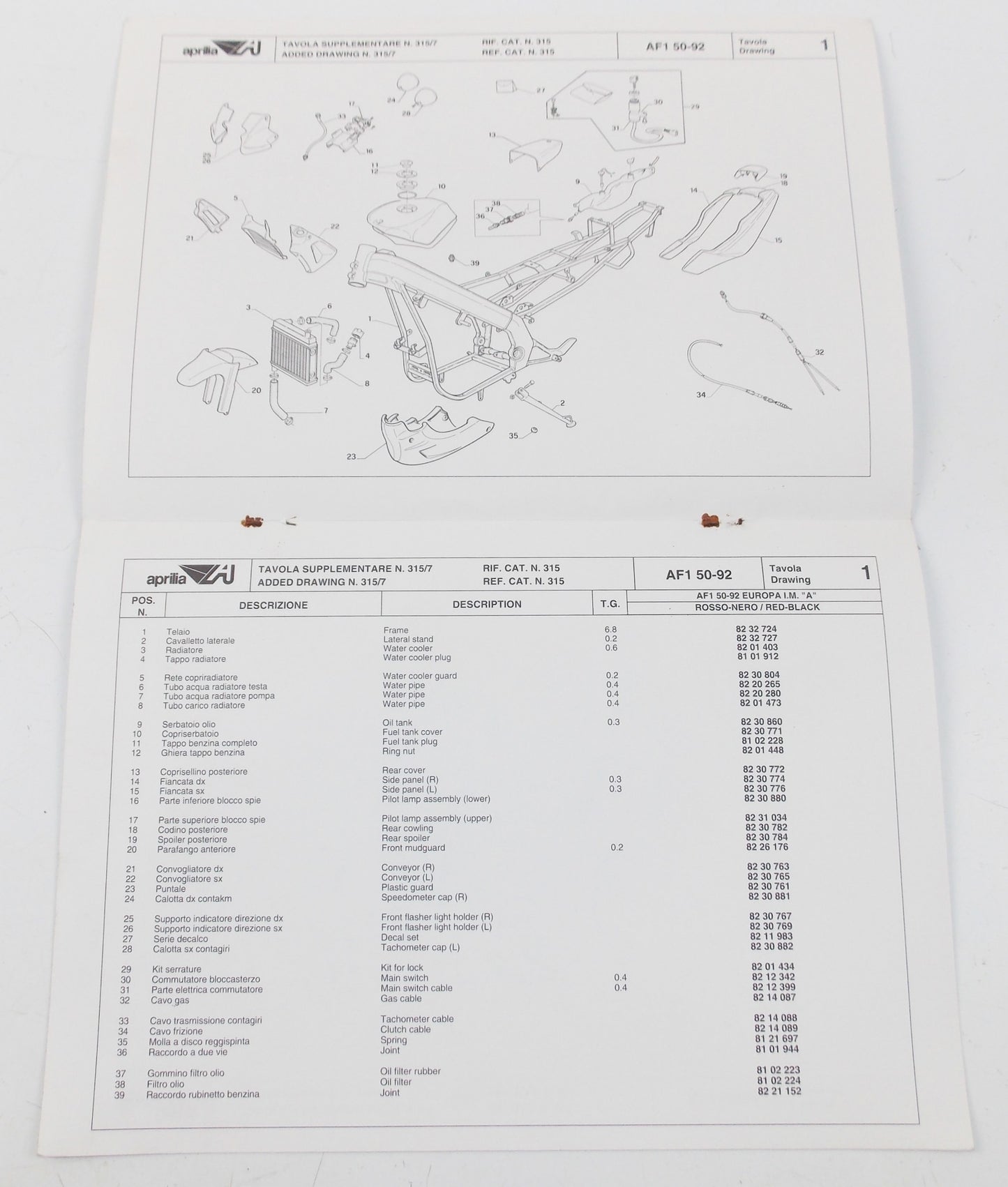 1992 APRILIA AF1 50 EUROPA SPARE PARTS CATALOG SUPPLEMENT MANUAL BOOK 315-7 - MotoRaider