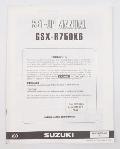 SUZUKI GSX-R750K6 SET-UP MANUAL ENGLISH ASSEMBLY BOOKLET  BOOK 99505-01086-01E - MotoRaider