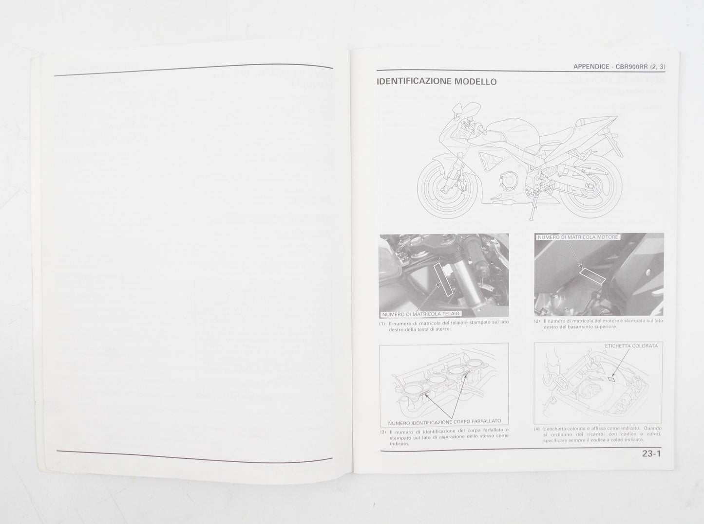 HONDA CBR900RR FIRE BLADE WORKSHOP MANUAL REPAIR MECHANICAL SERVICE BOOK ITALIAN - MotoRaider