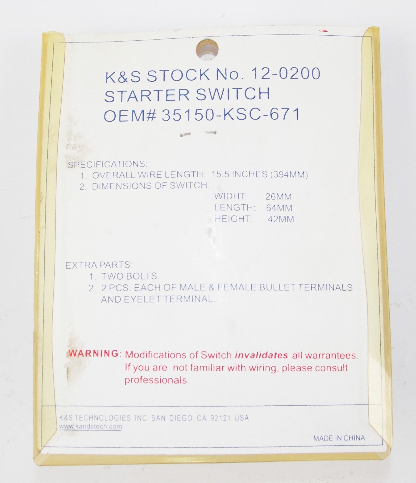 NOS K&S HONDA CRF250X / CRF450X SWITCH STARTER 12-0200 | 12-7737 | 35150-KSC-671 - MotoRaider