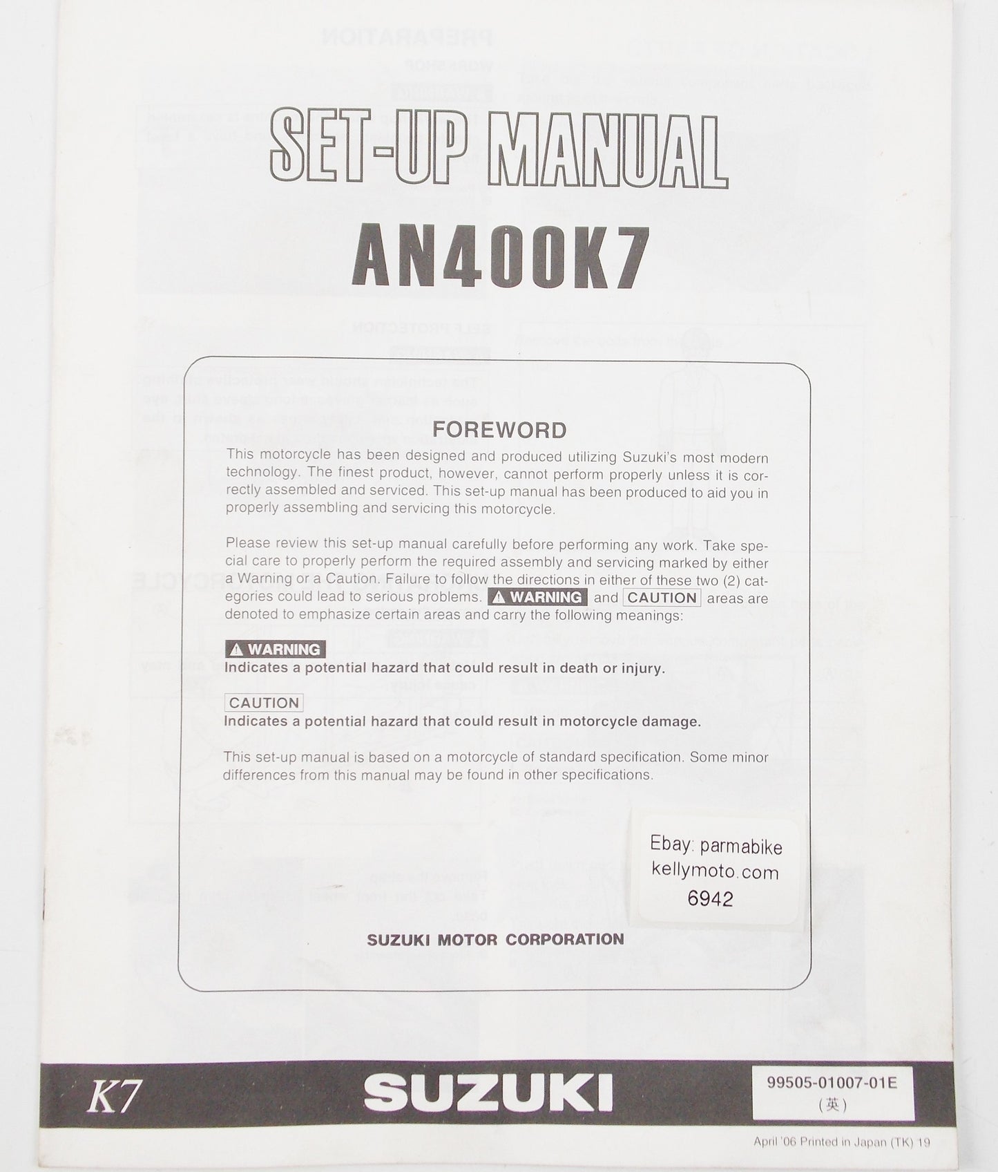 SUZUKI AN400K SET-UP MANUAL ASSEMBLY BOOKLET ENGLISH 99505-01007-01E - MotoRaider