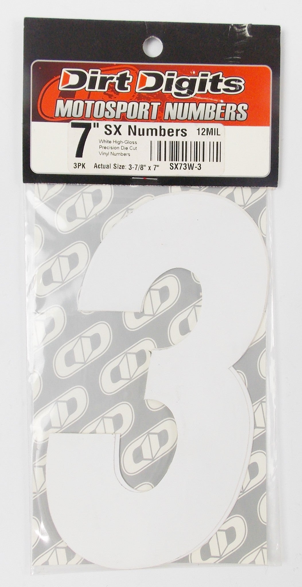 DIRTY DIGITS FRONT/SIDE PANEL 7"x3 7/8" WHITE NUMBERS STICKER SET "3" MOTOCROSS - MotoRaider