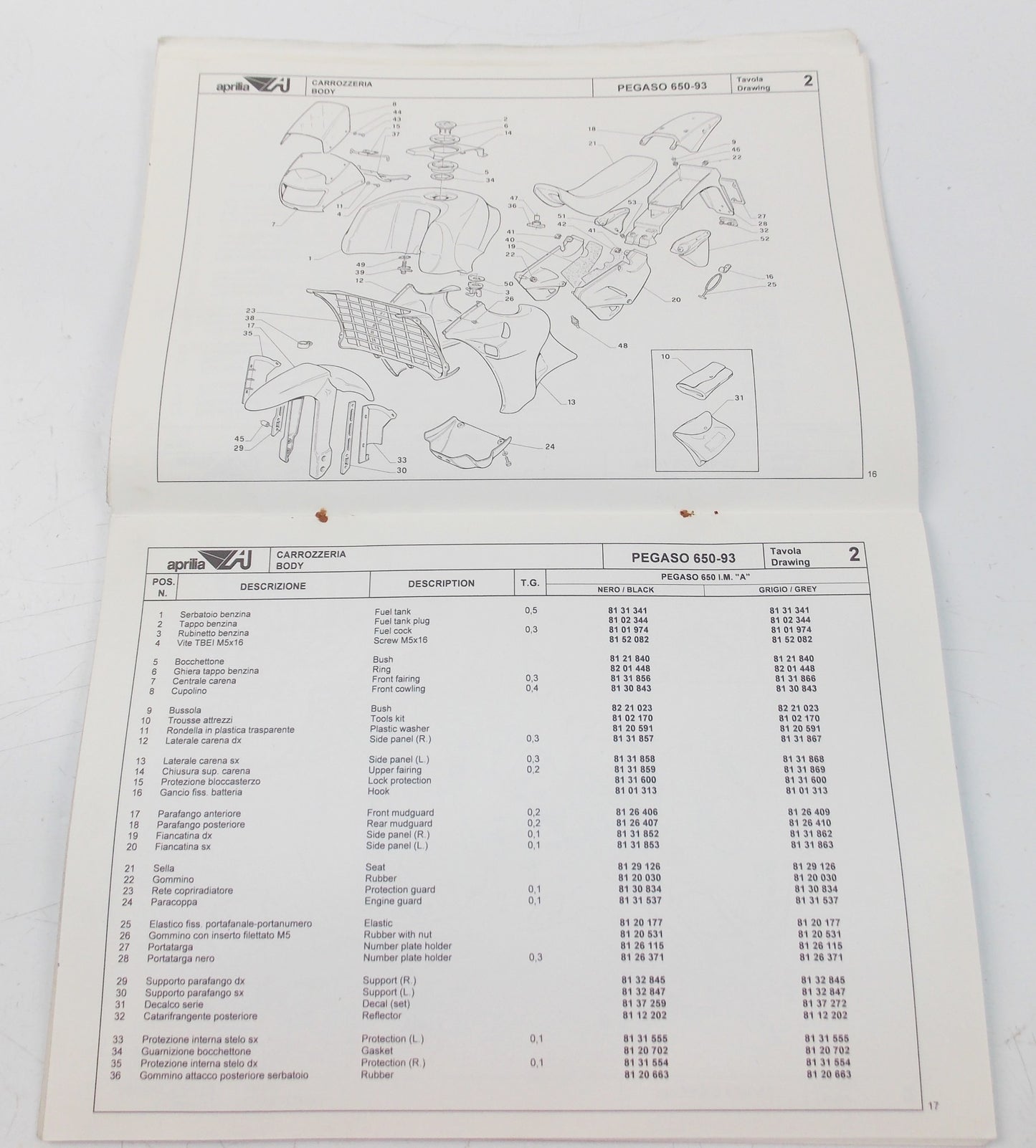 1993 APRILIA PEGASO 650 FRAME MOTOR SPARE PARTS DIAGRAM CATALOG MANUAL BOOK 260 - MotoRaider