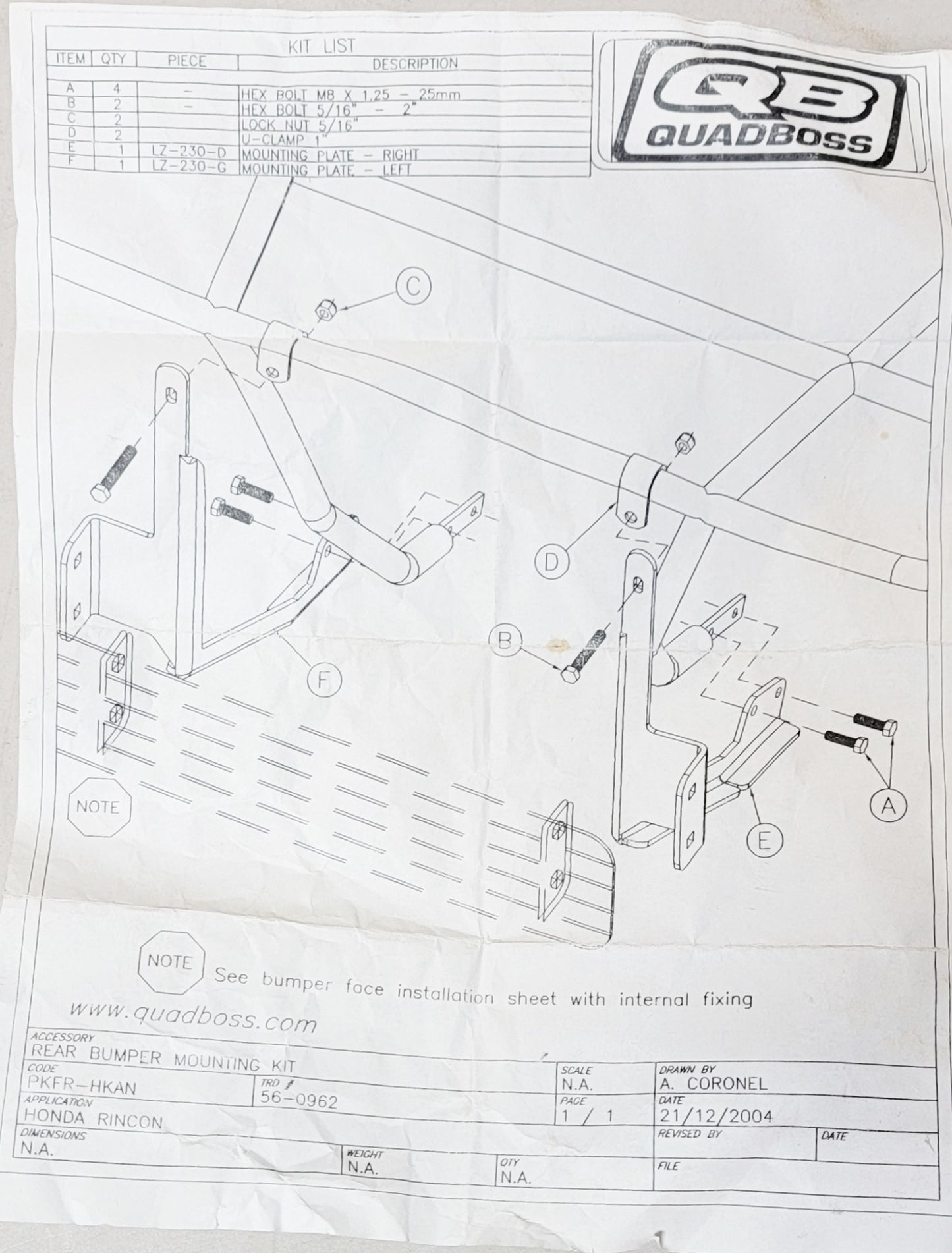 QUADBOSS REAR BUMPER MOUNTING KIT HONDA RINCON 56-0962 - MotoRaider