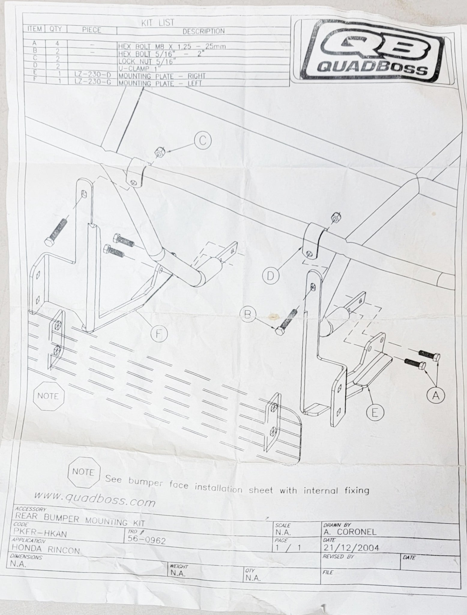 QUADBOSS REAR BUMPER MOUNTING KIT HONDA RINCON 56-0962 - MotoRaider