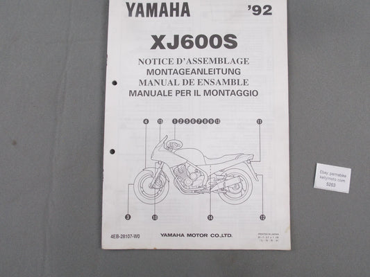 YAMAHA 1992  XJ600S ASSEMBLY MANUAL ITALIAN GERMAN FRENCH SPANISH 4EB-28107-W0 - MotoRaider