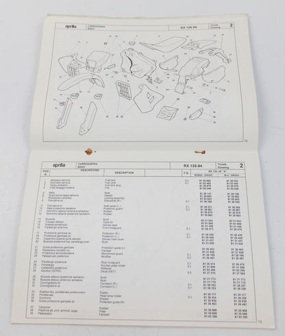 1994 APRILIA RX 125 SPARE PARTS CATALOG MANUAL BOOK 107 - MotoRaider