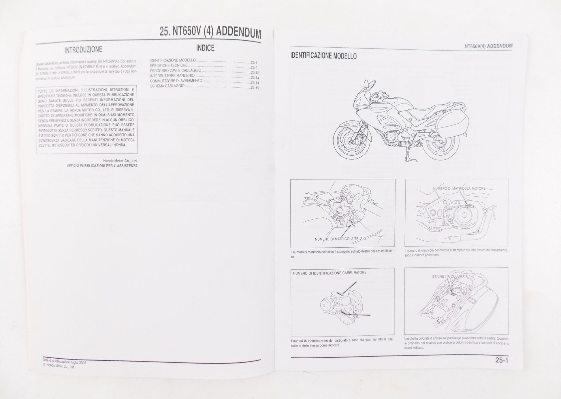 HONDA NT650V-4 WORKSHOP MANUAL REPAIR MECHANICAL SERVICE BOOK ITALIAN - MotoRaider