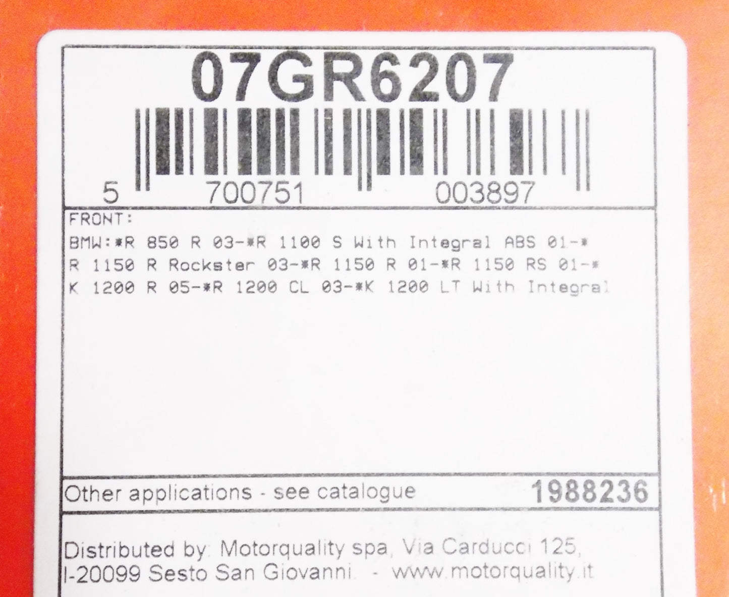 NOS BREMBO BMW R850R 2003-2016 CARBON CERAMIC FRONT PAIR BRAKE PADS 07GR6207 - MotoRaider