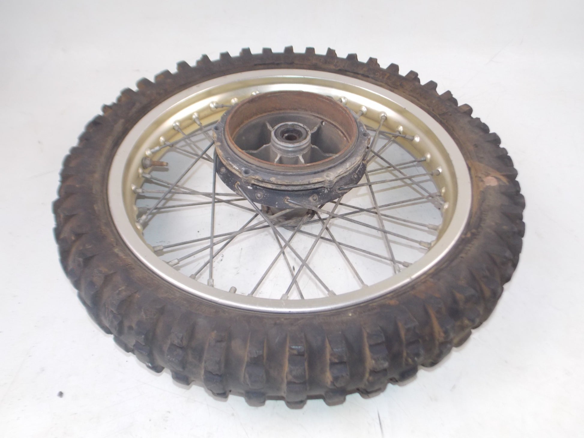 1970's HUSQVARNA 18" REAR WHEEL HUB SPOKES TIRE GOLD RIM VINTAGE MOTOCROSS - MotoRaider