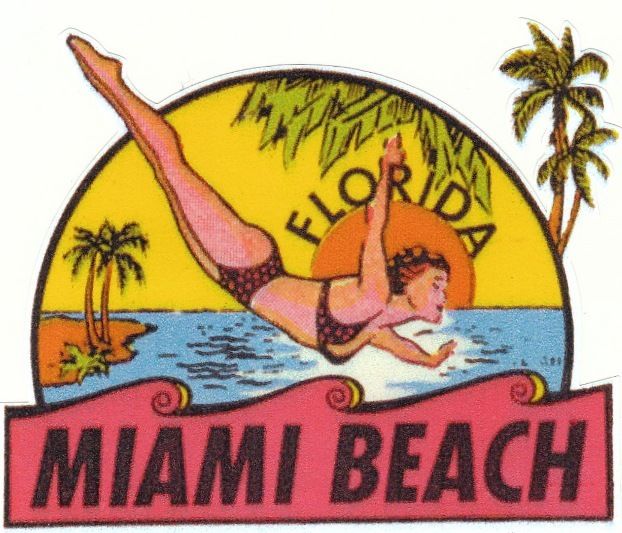 Vintage MIAMI BEACH FLORIDA TRAVEL STICKER Chevrolet Dodge Ford Plymouth Decal - MotoRaider