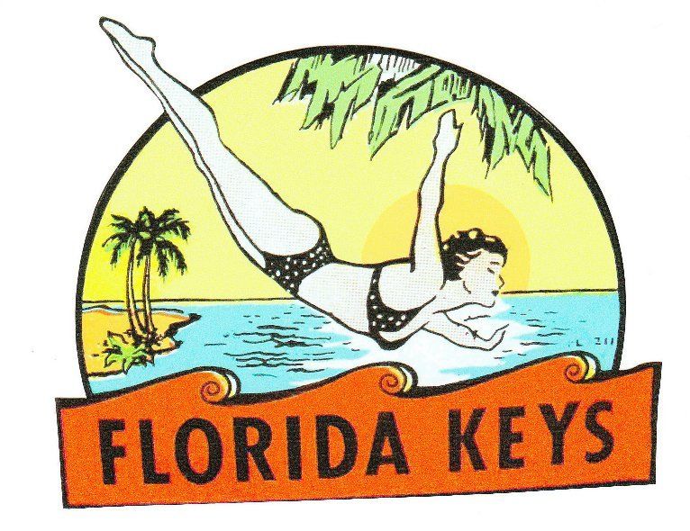 1950's FLORIDA KEYS TRAVEL STICKER Chevrolet  Dodge Ford Plymouth Edsel Decal - MotoRaider