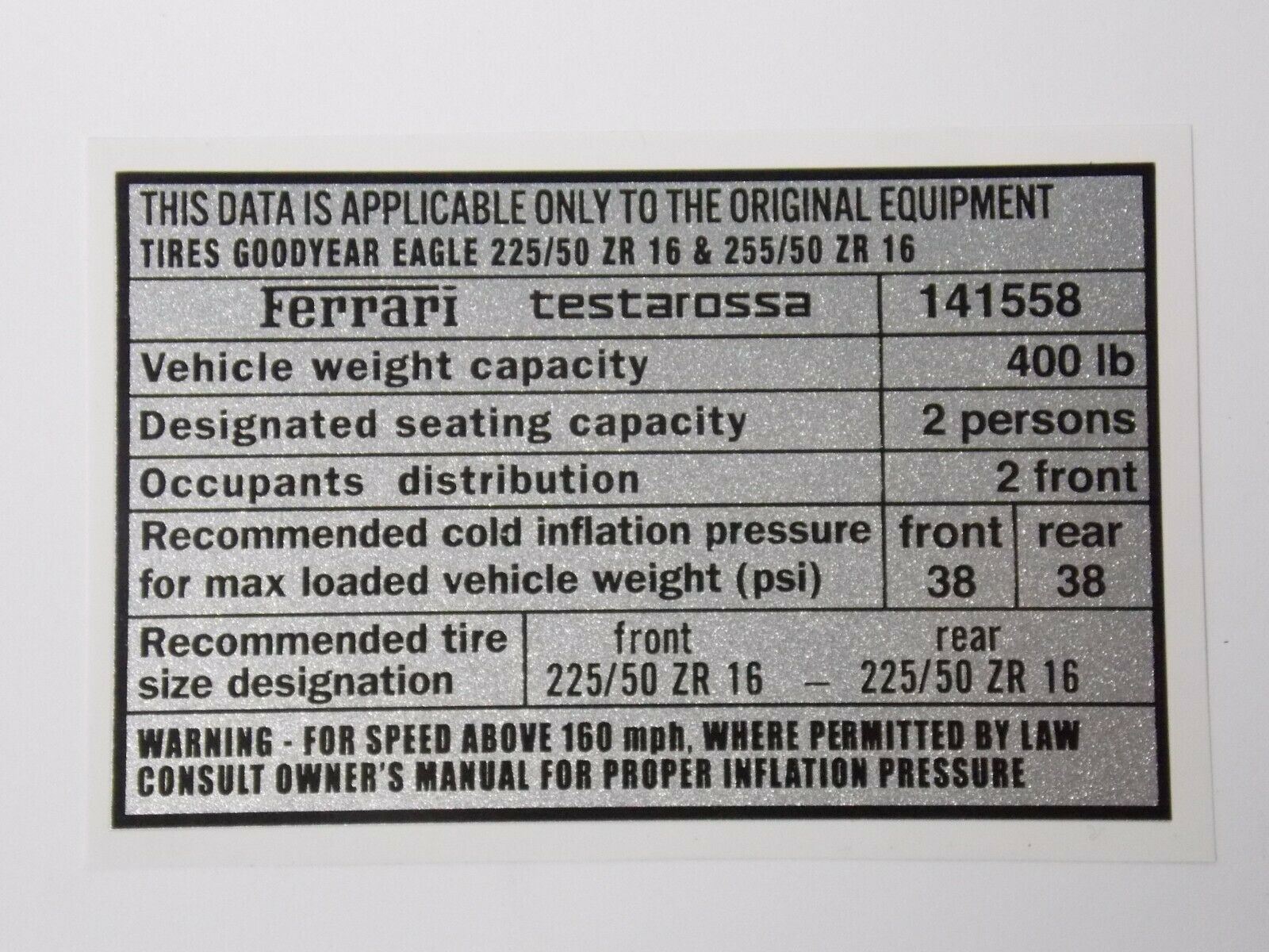 1986-90 FERRARI TESTAROSSA TIRE INFLATION SIZE DATA LABEL STICKER DECAL 141558 - MotoRaider