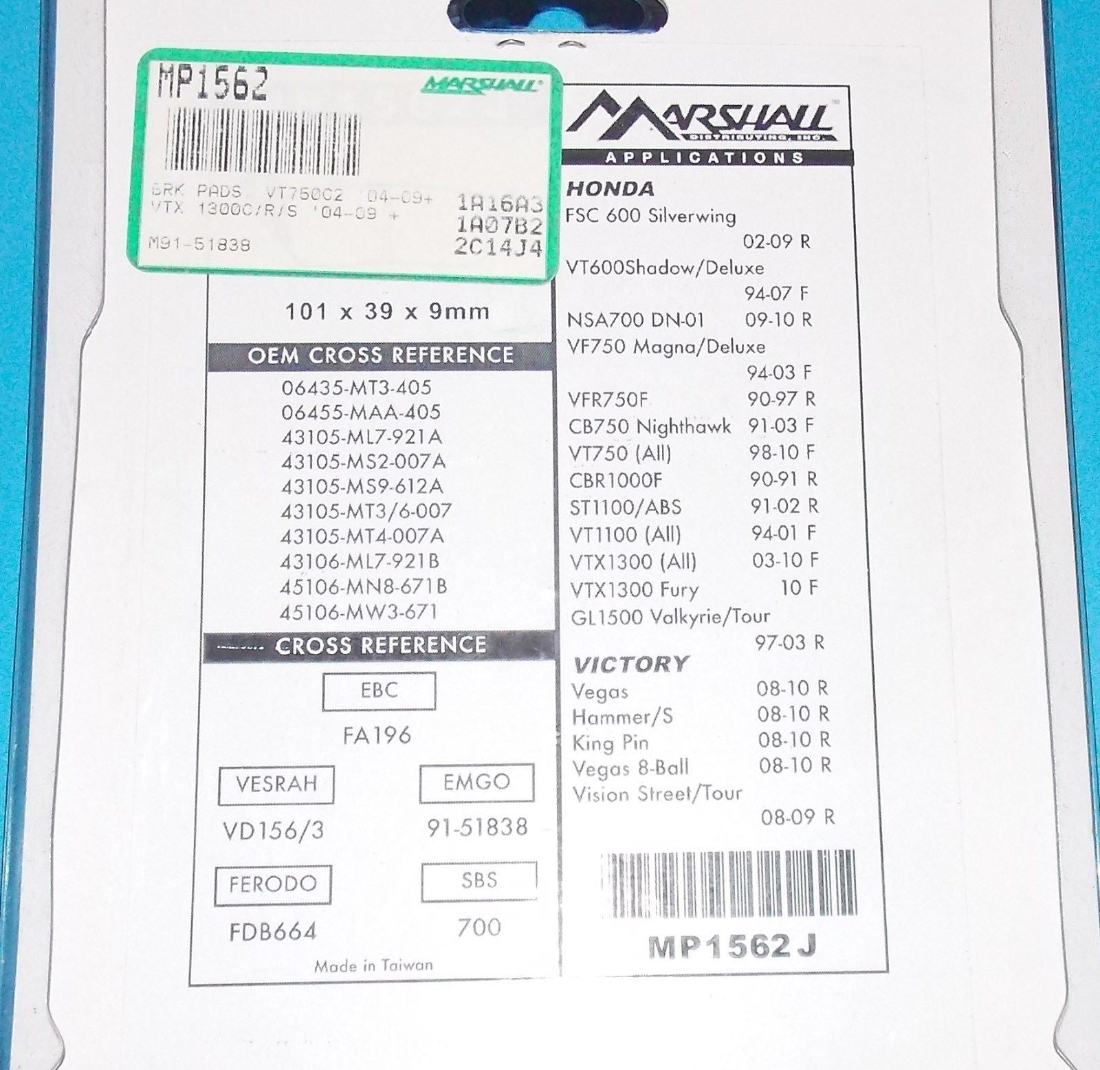 NOS MARSHALL BRAKE PADS MP1562 FITS HONDA 1991-2010 VICTORY 2008-2010 - MotoRaider