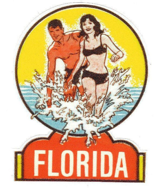 1950's FLORIDA TRAVEL STICKER Porsche Jaguar Chevrolet Mercedes Alfa Fiat Decal - MotoRaider