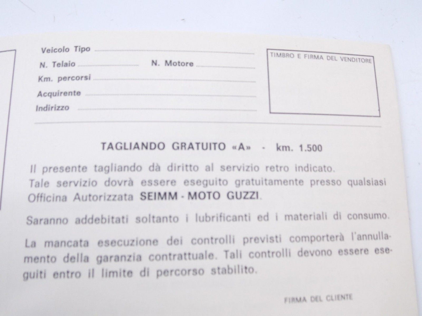 NOS 1970's MOTO GUZZI STORNELLO FALCONE MAINTENANCE RECORD BOOKLET ITALIAN - MotoRaider