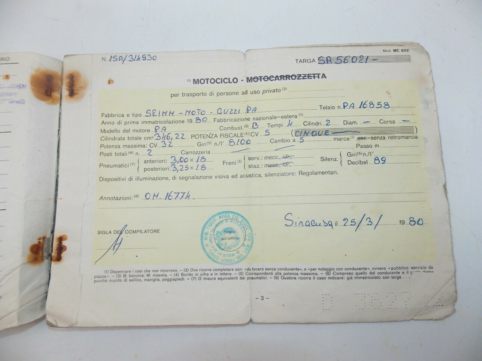 1980 MOTO GUZZI 350 ITALIAN OWNER CERTIFICATE CARTA CIRCOLAZIONE MOTORCYCLE - MotoRaider