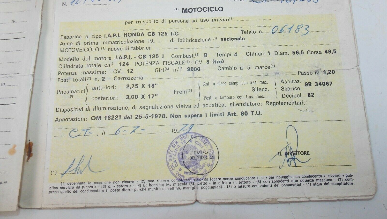 1979 HONDA CB125-J/C OWNER CERTIFICATE BOOK ORIGINAL MOTORCYCLE ITALIAN DOCUMENT - MotoRaider