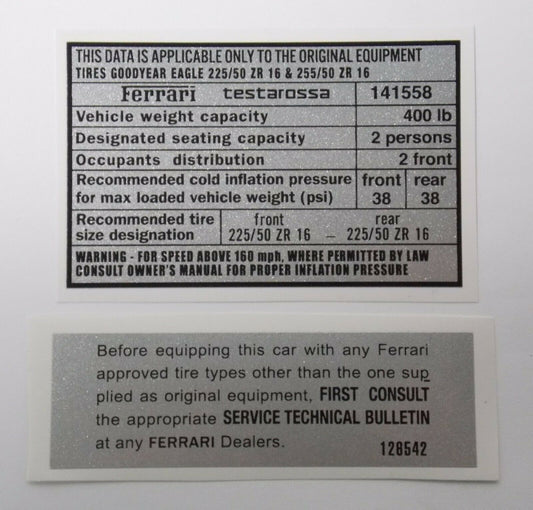 1986-90 FERRARI TESTAROSSA TIRE INFLATION SIZE LABEL STICKER DECAL 141558 128542 - MotoRaider