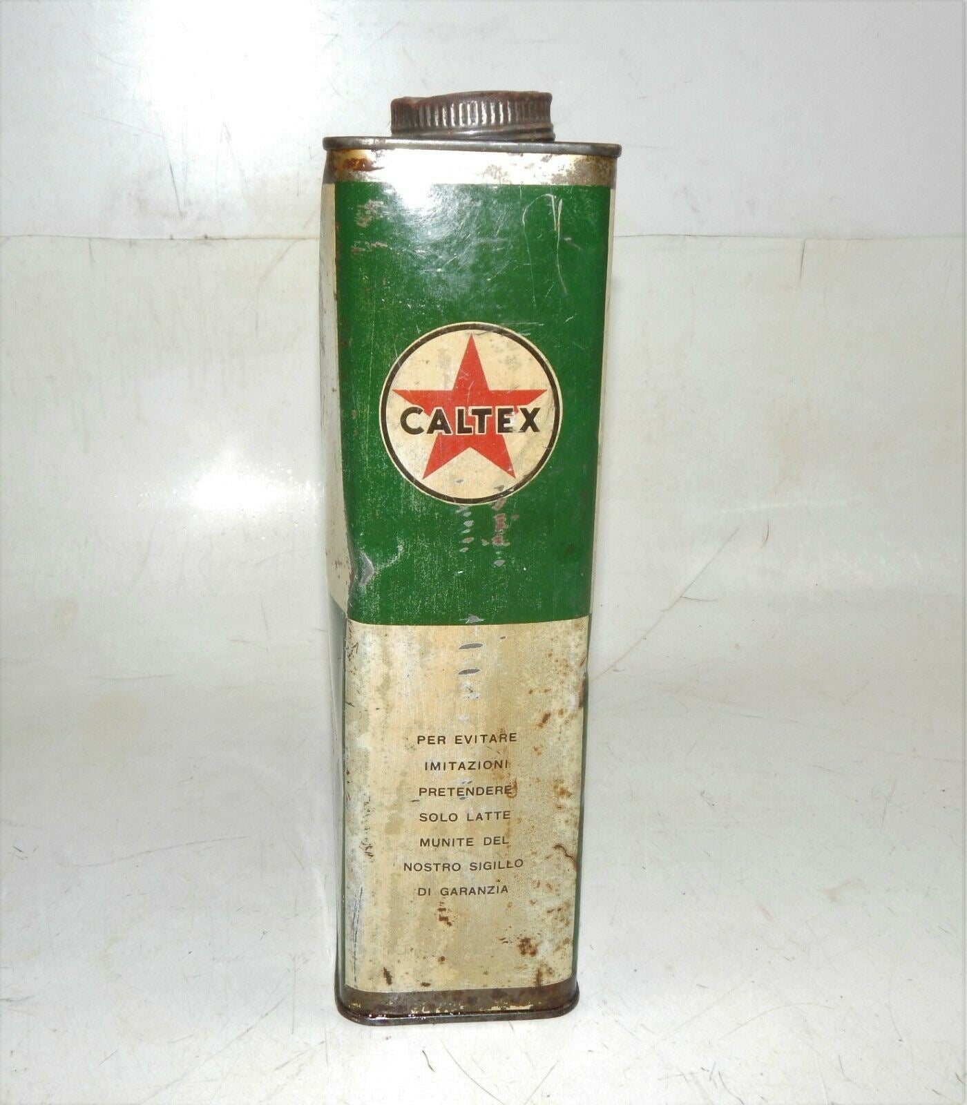 1960's CALTEX MOTOR OIL CAN CONTAINER 1 GAL TIN 11.5x9x3.5" ITALIAN FERRARI FIAT - MotoRaider