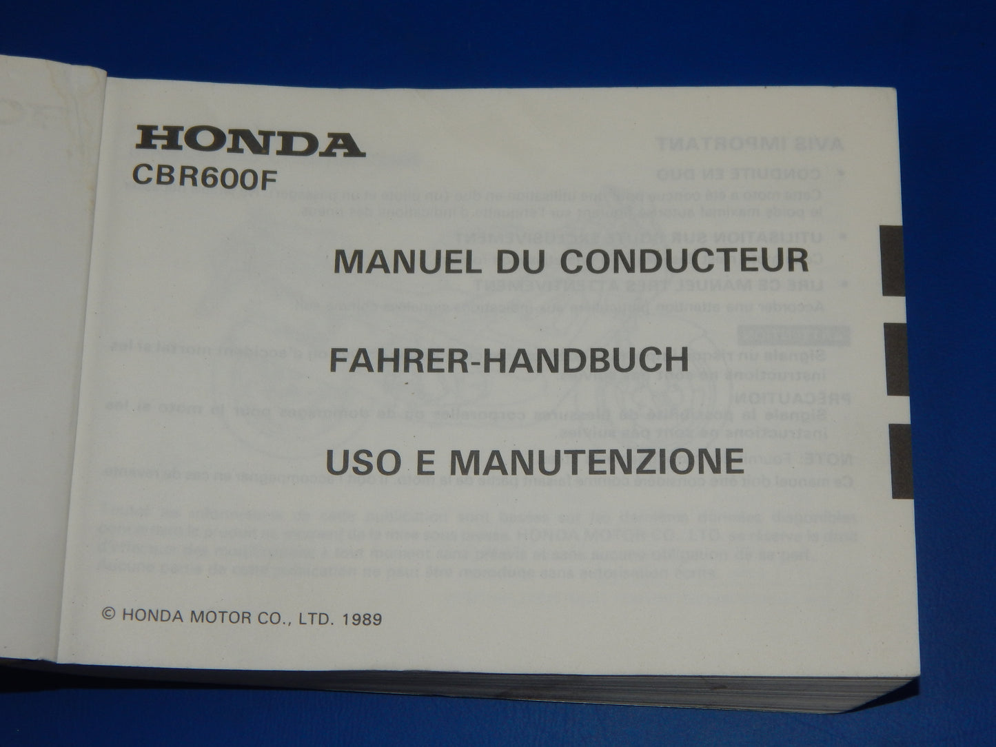 1989 HONDA CBR600-F USER OWNER MANUAL BOOK 00X37-MT6-8100 37MT6810 MULTI LANGUAG - MotoRaider