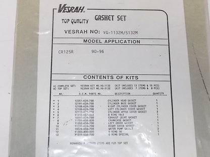 NEW VESRAH TOP END GASKET KIT 1990 1991 1992 1994 1995 1996 HONDA CR125 VG5132M - MotoRaider