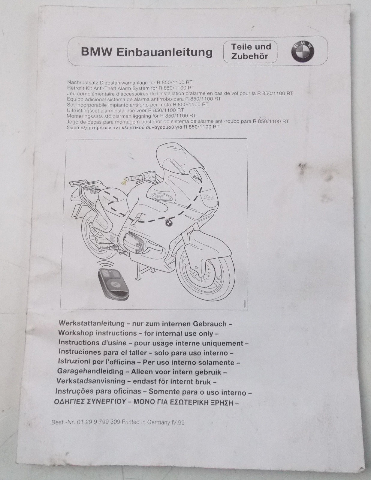 1999 BMW R850 R1100 RT ANTI-THEFT ALARM SYSTEM RETRO FIT INSTRUCTION MANUAL BOOK - MotoRaider