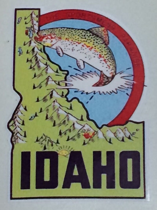 1950's IDAHO TRAVEL STICKER Porsche JEEP CADILLAC FORD Chevrolet MERCEDES Decal - MotoRaider