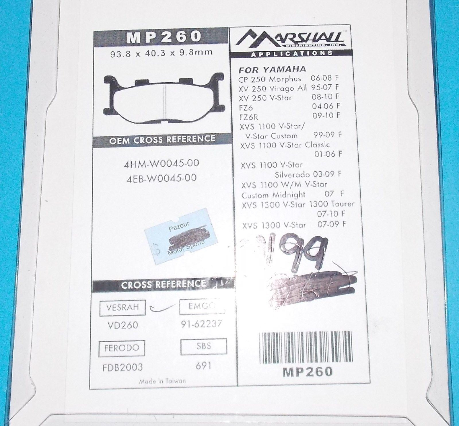 NOS MARSHALL BRAKE PADS MP163 FITS  HONDA KAWASAKI SUZUKI YAMAHA - MotoRaider