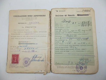 1958 STERZI 160 ITALIAN OWNER CERTIFICATE CARTA CIRCOLAZIONE MOTORCYCLE DOCUMENT - MotoRaider