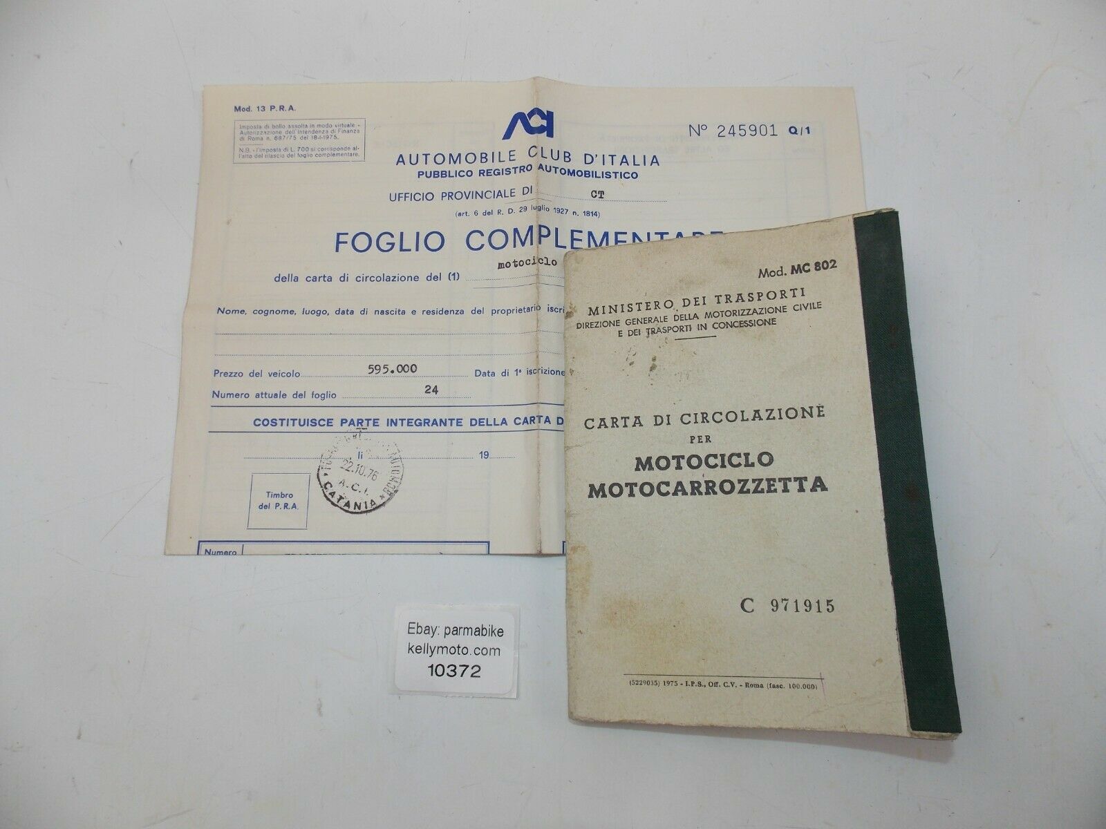 1976 BENELLI 125 ITALY OWNER CERTIFICATE CARTA CIRCOLAZIONE MOTORCYCLE ...