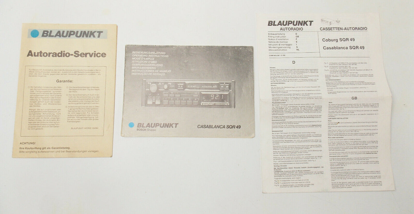 1989 BLAUKPUNT CASABLANCA SQR49 USER INSTALLATION MANUAL PORSCHE MERCEDES AUDI - MotoRaider