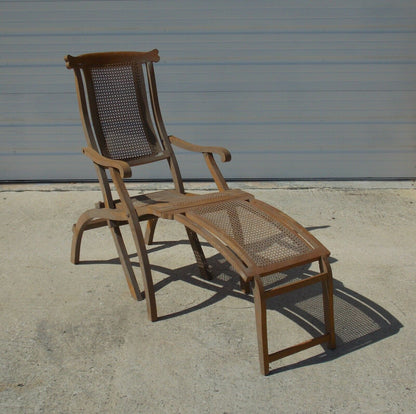 1900's FOLDING LOUNGE SHIP BOAT DECK WOODEN CHAIR CANED ANTIQUE MAYBE WALNUT - MotoRaider