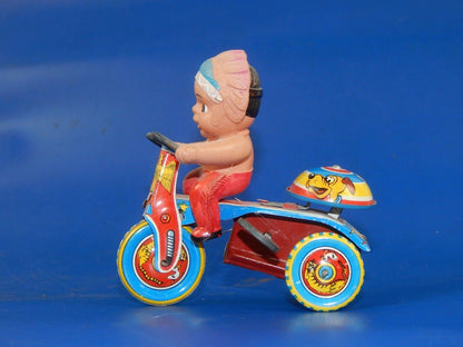 1960's VINTAGE TIN WIND UP TOY BABY INDIAN ON BICYCLE TRICYCLE+BELL JAPAN L=4" - MotoRaider