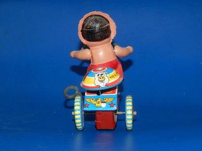 1960's VINTAGE TIN WIND UP TOY BABY INDIAN ON BICYCLE TRICYCLE+BELL JAPAN L=4" - MotoRaider