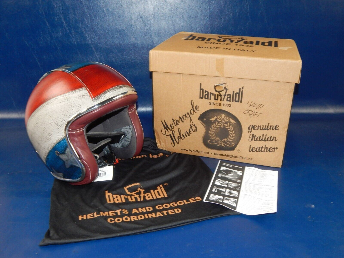 BARUFFALDI HELMET AMERICAN FLAG WHITE BLUE RED LEATHER HARLEY CUSTOM RACE ITALY - MotoRaider