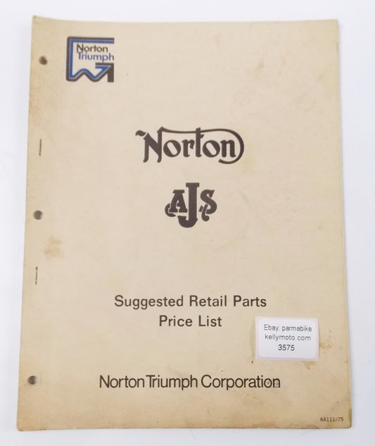 1975 NORTON-TRIUMPH AJS SUGGESTED RETAIL SPARE PARTS PRICE LIST BOOK AA111/75 - MotoRaider