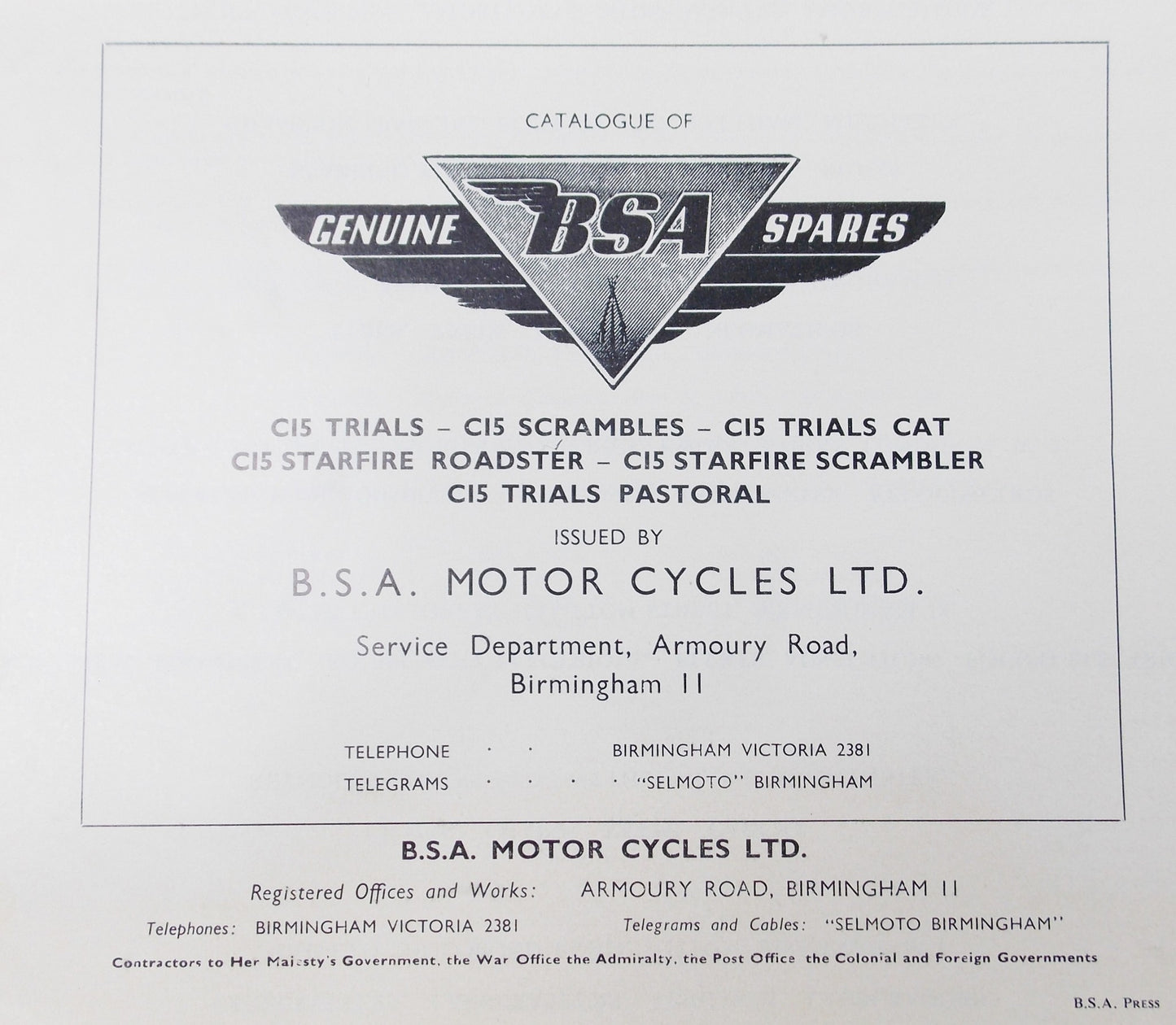 1960's BSA SPARE PARTS CATALOG C15-FT-FS-FSR-101 TRIALS SCRAMBLES PASTORAL 5120 - MotoRaider