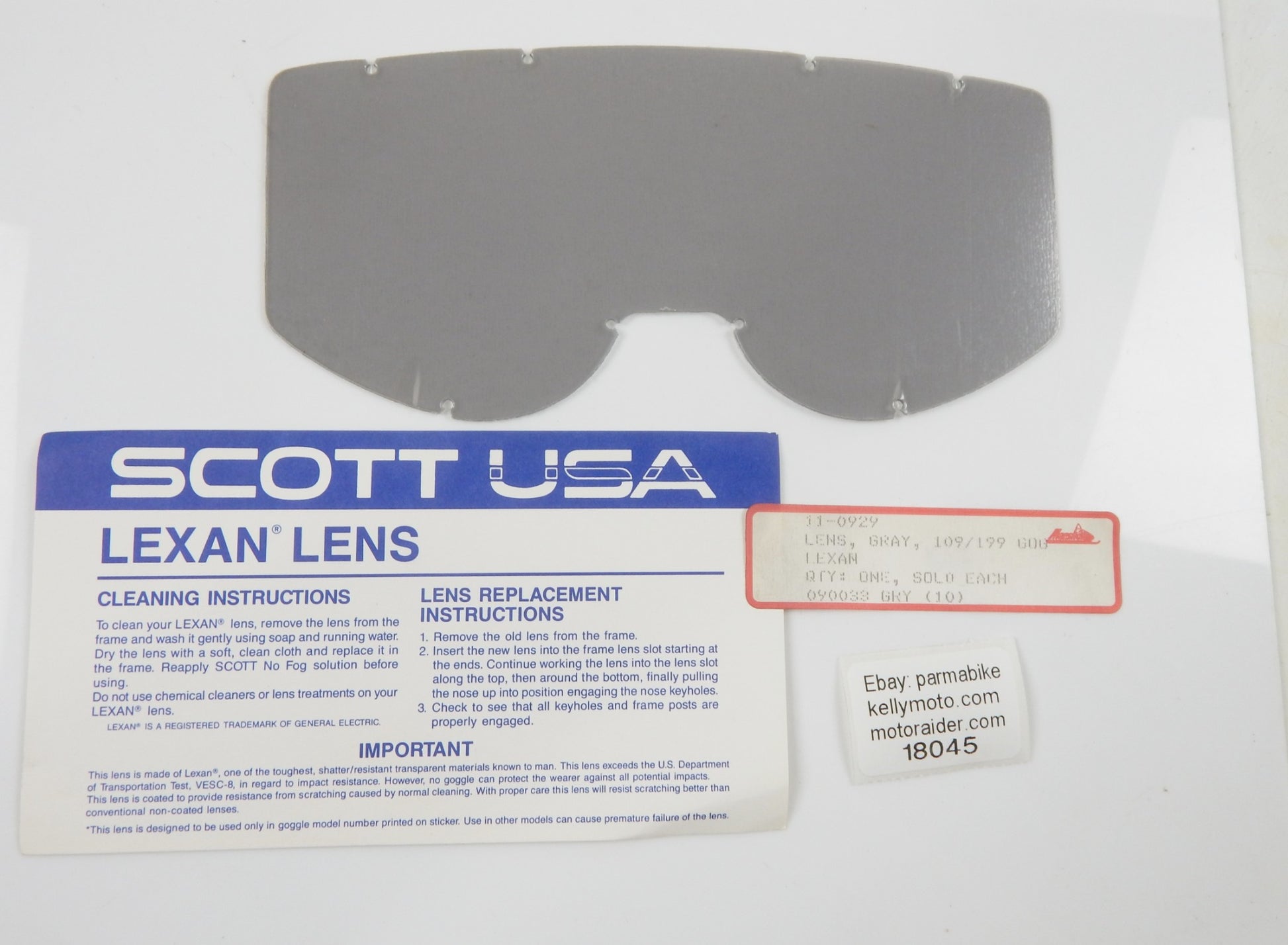 109 199 SCOTT USA LEXAN GRAY RIDING GOGGLES LENS 11-0929 090033 VINTAGE SHIELD - MotoRaider